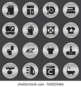 Set Of 16 Editable Cleanup Icons. Includes Symbols Such As Hoover, Brush, Bathroom And More. Can Be Used For Web, Mobile, UI And Infographic Design.