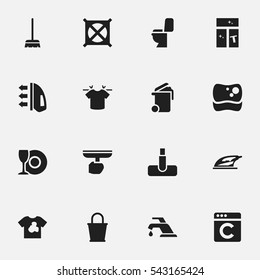 Set Of 16 Editable Cleanup Icons. Includes Symbols Such As Laundress, Pail, Plate And More. Can Be Used For Web, Mobile, UI And Infographic Design.