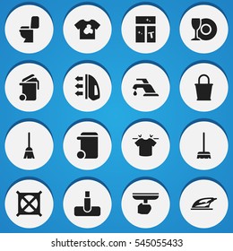 Set Of 16 Editable Cleanup Icons. Includes Symbols Such As Broomstick, Pail, Plate And More. Can Be Used For Web, Mobile, UI And Infographic Design.