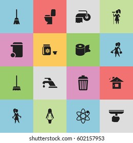 Set Of 16 Editable Cleanup Icons. Includes Symbols Such As Broomstick, Working At Home, Pure Home And More. Can Be Used For Web, Mobile, UI And Infographic Design.