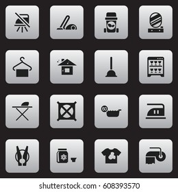 Set Of 16 Editable Cleanup Icons. Includes Symbols Such As Trash Bin, Pressboard, 60 Degrees And More. Can Be Used For Web, Mobile, UI And Infographic Design.
