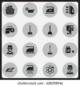 Set Of 16 Editable Cleanup Icons. Includes Symbols Such As Clean Clothings, Power, Toilet Paper And More. Can Be Used For Web, Mobile, UI And Infographic Design.