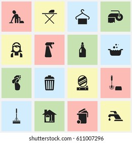 Set Of 16 Editable Cleanup Icons. Includes Symbols Such As Trash, Servant, Faucet And More. Can Be Used For Web, Mobile, UI And Infographic Design.