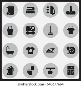 Set Of 16 Editable Cleanup Icons. Includes Symbols Such As Unclean Blouse, Washing Tool, Washing Glass And More. Can Be Used For Web, Mobile, UI And Infographic Design.