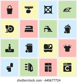 Set Of 16 Editable Cleanup Icons. Includes Symbols Such As Steam, Brush, Faucet And More. Can Be Used For Web, Mobile, UI And Infographic Design.