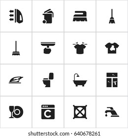 Set Of 16 Editable Cleanup Icons. Includes Symbols Such As Washing Glass, Sweep, Container And More. Can Be Used For Web, Mobile, UI And Infographic Design.