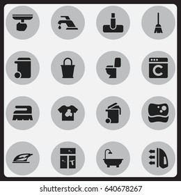 Set Of 16 Editable Cleanup Icons. Includes Symbols Such As Dustbin, Washing Tool, Laundress And More. Can Be Used For Web, Mobile, UI And Infographic Design.