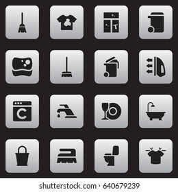 Set Of 16 Editable Cleanup Icons. Includes Symbols Such As Unclean Blouse, Clean T-Shirt, Washing Tool And More. Can Be Used For Web, Mobile, UI And Infographic Design.