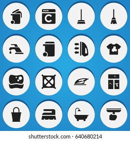Set Of 16 Editable Cleanup Icons. Includes Symbols Such As No Laundry, Washing Glass, Container And More. Can Be Used For Web, Mobile, UI And Infographic Design.