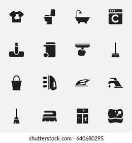 Set Of 16 Editable Cleanup Icons. Includes Symbols Such As Hoover, Dustbin, Restroom And More. Can Be Used For Web, Mobile, UI And Infographic Design.