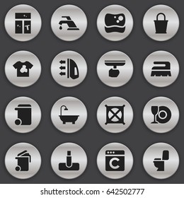 Set Of 16 Editable Cleanup Icons. Includes Symbols Such As Bathroom, Restroom, Unclean Blouse And More. Can Be Used For Web, Mobile, UI And Infographic Design.