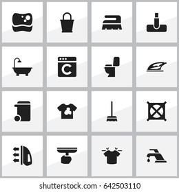Set Of 16 Editable Cleanup Icons. Includes Symbols Such As Clean T-Shirt, No Laundry, Whisk And More. Can Be Used For Web, Mobile, UI And Infographic Design.