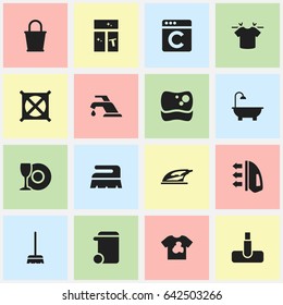Set Of 16 Editable Cleanup Icons. Includes Symbols Such As Appliance, Bathroom, Whisk And More. Can Be Used For Web, Mobile, UI And Infographic Design.