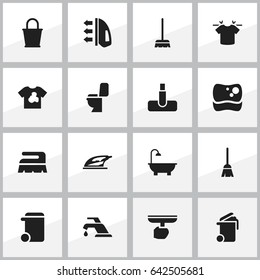 Set Of 16 Editable Cleanup Icons. Includes Symbols Such As Faucet, Brush, Washing Tool And More. Can Be Used For Web, Mobile, UI And Infographic Design.