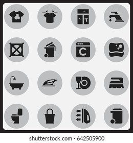 Set Of 16 Editable Cleanup Icons. Includes Symbols Such As Laundress, Bathroom, Plate And More. Can Be Used For Web, Mobile, UI And Infographic Design.
