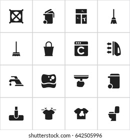 Set Of 16 Editable Cleanup Icons. Includes Symbols Such As Faucet, Brush, Washing Glass And More. Can Be Used For Web, Mobile, UI And Infographic Design.