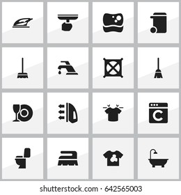 Set Of 16 Editable Cleanup Icons. Includes Symbols Such As Sweep, Appliance, Clean T-Shirt And More. Can Be Used For Web, Mobile, UI And Infographic Design.