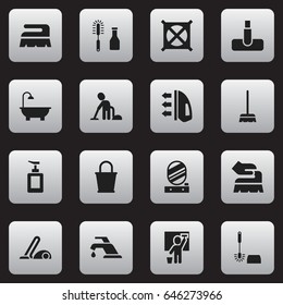 Set Of 16 Editable Cleanup Icons. Includes Symbols Such As Servant, Hoover, Scrub And More. Can Be Used For Web, Mobile, UI And Infographic Design.
