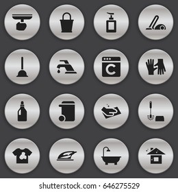 Set Of 16 Editable Cleanup Icons. Includes Symbols Such As Hand Sanitizer, Appliance, Rubber Drain. Can Be Used For Web, Mobile, UI And Infographic Design.