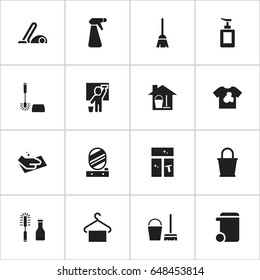 Set Of 16 Editable Cleanup Icons. Includes Symbols Such As Unclean Blouse, Cleanser, Towel And More. Can Be Used For Web, Mobile, UI And Infographic Design.