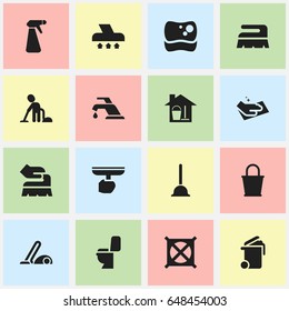 Set Of 16 Editable Cleanup Icons. Includes Symbols Such As Exhauster, Rubber Drain, Vacuum Cleaner And More. Can Be Used For Web, Mobile, UI And Infographic Design.