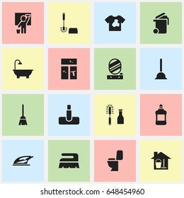 Set Of 16 Editable Cleanup Icons. Includes Symbols Such As Hoover, Bucket With Mop, Unclean Blouse And More. Can Be Used For Web, Mobile, UI And Infographic Design.