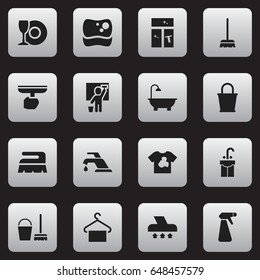 Set Of 16 Editable Cleanup Icons. Includes Symbols Such As Sink, Washing Glass, Faucet And More. Can Be Used For Web, Mobile, UI And Infographic Design.