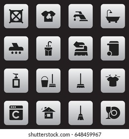 Set Of 16 Editable Cleanup Icons. Includes Symbols Such As Cleaning Kit, Bathroom, Unclean Blouse And More. Can Be Used For Web, Mobile, UI And Infographic Design.
