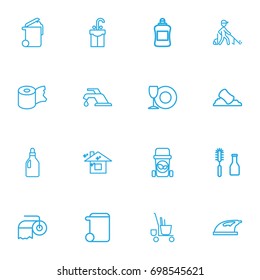 Set Of 16 Editable Cleanup Outline Icons. Includes Symbols Such As Trash Can, Iron, Dishes And More. Can Be Used For Web, Mobile, UI And Infographic Design.