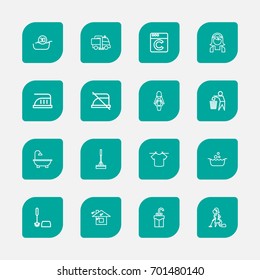 Set Of 16 Editable Cleanup Outline Icons. Includes Symbols Such As Bathtub, Toilet Brush, 30 Degrees And More. Can Be Used For Web, Mobile, UI And Infographic Design.