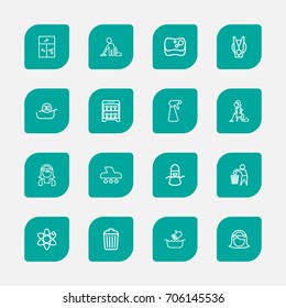 Set Of 16 Editable Cleanup Outline Icons. Includes Symbols Such As Housewife, Alternative Energy, Machine And More. Can Be Used For Web, Mobile, UI And Infographic Design.