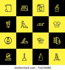 Set Of 16 Editable Cleanup Outline Icons. Includes Symbols Such As Woman, Brush, Dirty Clothes And More. Can Be Used For Web, Mobile, UI And Infographic Design.