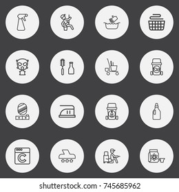 Set Of 16 Editable Cleanup Outline Icons. Includes Symbols Such As Washing Liquid, Pier Glass, Dangerous Reagent And More. Can Be Used For Web, Mobile, UI And Infographic Design.