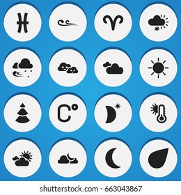 Set Of 16 Editable Climate Icons. Includes Symbols Such As Crescent With Star, Solar, Skyless And More. Can Be Used For Web, Mobile, UI And Infographic Design.
