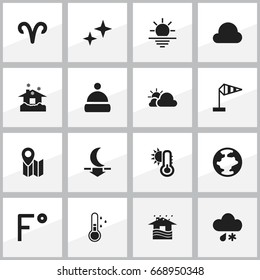 Set Of 16 Editable Climate Icons. Includes Symbols Such As Home, World, Lunar And More. Can Be Used For Web, Mobile, UI And Infographic Design.