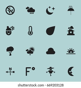 Set Of 16 Editable Climate Icons. Includes Symbols Such As No Flight, Drip, Wind Direction And More. Can Be Used For Web, Mobile, UI And Infographic Design.