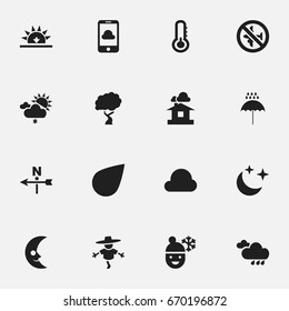 Set Of 16 Editable Climate Icons. Includes Symbols Such As Domicile, Timber, Scale And More. Can Be Used For Web, Mobile, UI And Infographic Design.