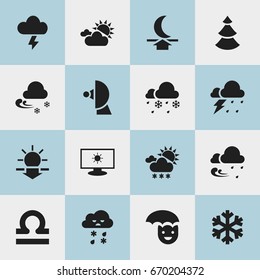 Set Of 16 Editable Climate Icons. Includes Symbols Such As Moon Up, Stormy, Snowy Weather And More. Can Be Used For Web, Mobile, UI And Infographic Design.