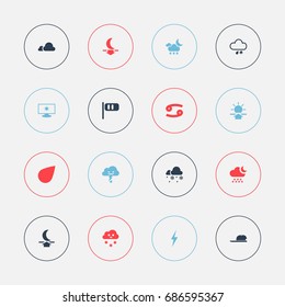 Set Of 16 Editable Climate Icons. Includes Symbols Such As Snowing, Moon Up, Nebulose And More. Can Be Used For Web, Mobile, UI And Infographic Design.