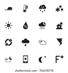 Set Of 16 Editable Climate Icons. Includes Symbols Such As Laughing Solar, Cloudy Sky, Freeze And More. Can Be Used For Web, Mobile, UI And Infographic Design.