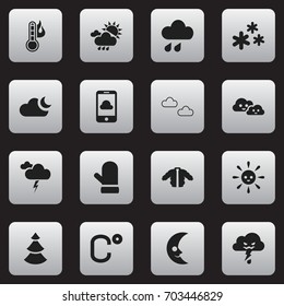Set Of 16 Editable Climate Icons. Includes Symbols Such As Evergreen, Phone, Snowflakes And More. Can Be Used For Web, Mobile, UI And Infographic Design.