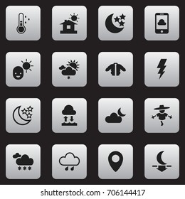 Set Of 16 Editable Climate Icons. Includes Symbols Such As Bugbear, Precipitation, Moonlight And More. Can Be Used For Web, Mobile, UI And Infographic Design.