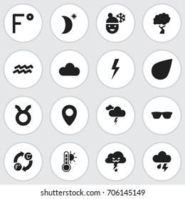 Set Of 16 Editable Climate Icons. Includes Symbols Such As Timber, Hazy Day, Water Bearer And More. Can Be Used For Web, Mobile, UI And Infographic Design.