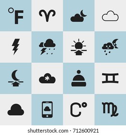 Set Of 16 Editable Climate Icons. Includes Symbols Such As Virgin, Celsius, Storm And More. Can Be Used For Web, Mobile, UI And Infographic Design.