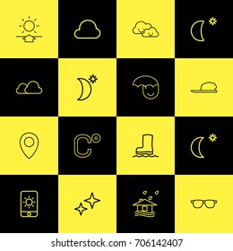 Set Of 16 Editable Climate Outline Icons. Includes Symbols Such As Sun In Display, Stormy, Waterproof Shoes And More. Can Be Used For Web, Mobile, UI And Infographic Design.