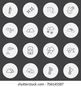 Set Of 16 Editable Climate Outline Icons. Includes Symbols Such As Warm, Freeze, Phone And More. Can Be Used For Web, Mobile, UI And Infographic Design.