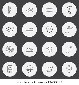 Set Of 16 Editable Climate Outline Icons. Includes Symbols Such As Hat, Satellite, Midnight And More. Can Be Used For Web, Mobile, UI And Infographic Design.