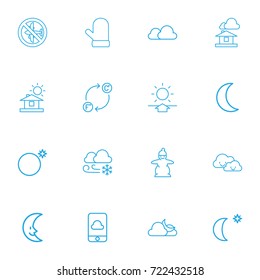 Set Of 16 Editable Climate Outline Icons. Includes Symbols Such As Moon, Glove, Cloudy And More. Can Be Used For Web, Mobile, UI And Infographic Design.