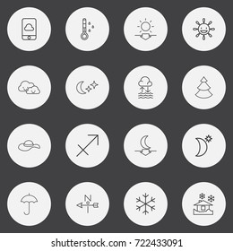Set Of 16 Editable Climate Outline Icons. Includes Symbols Such As Archer, Evergreen, Sundown And More. Can Be Used For Web, Mobile, UI And Infographic Design.