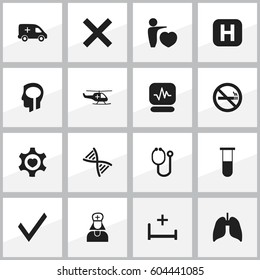 Set Of 16 Editable Clinic Icons. Includes Symbols Such As Intelligence, Analysis Container, Heart And More. Can Be Used For Web, Mobile, UI And Infographic Design.